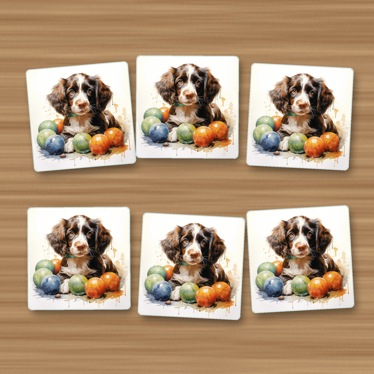 Brown Springer Spaniel Puppy square glass coasters, set of 6, on an oak coffee table