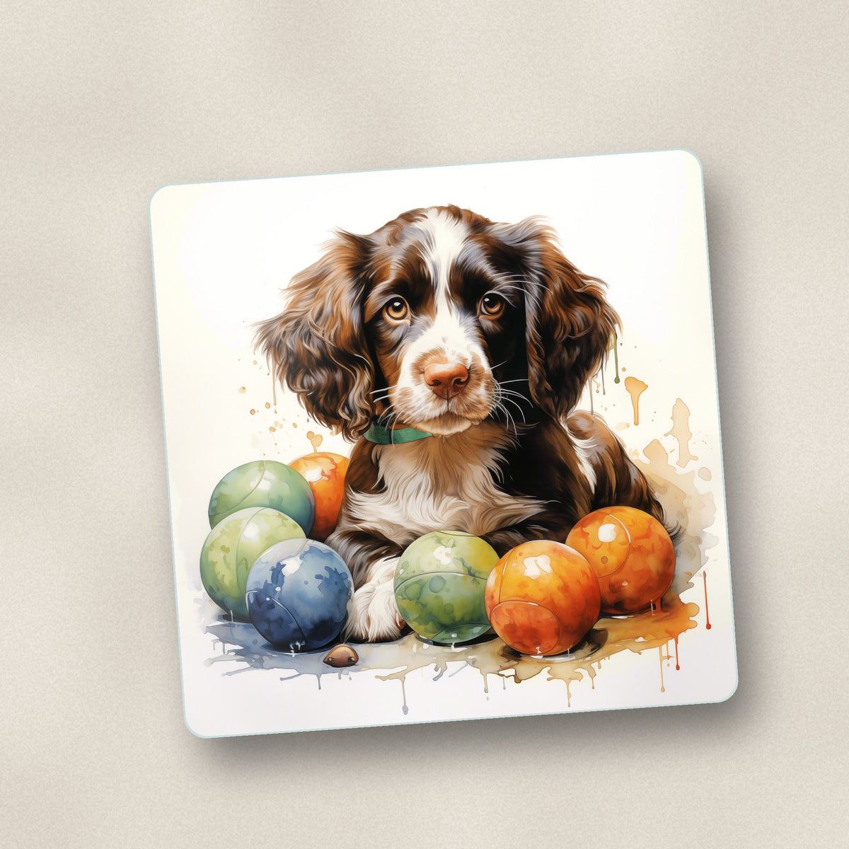 Close-up of one brown springer spaniel puppy square glass coaster, flat UV print
