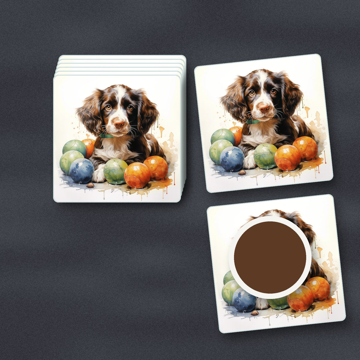 Brown Springer Spaniel Puppy square glass coasters stacked on a slate kitchen worktop