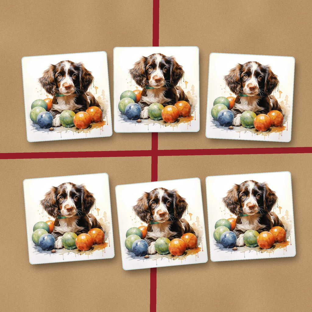 Brown Springer Spaniel Puppy square glass coasters on kraft gift wrap