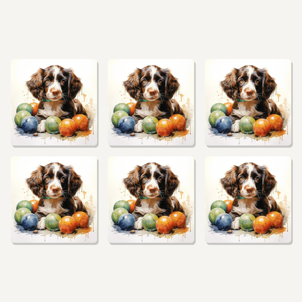 Flat lay of the brown springer spaniel puppy artwork on six square coasters