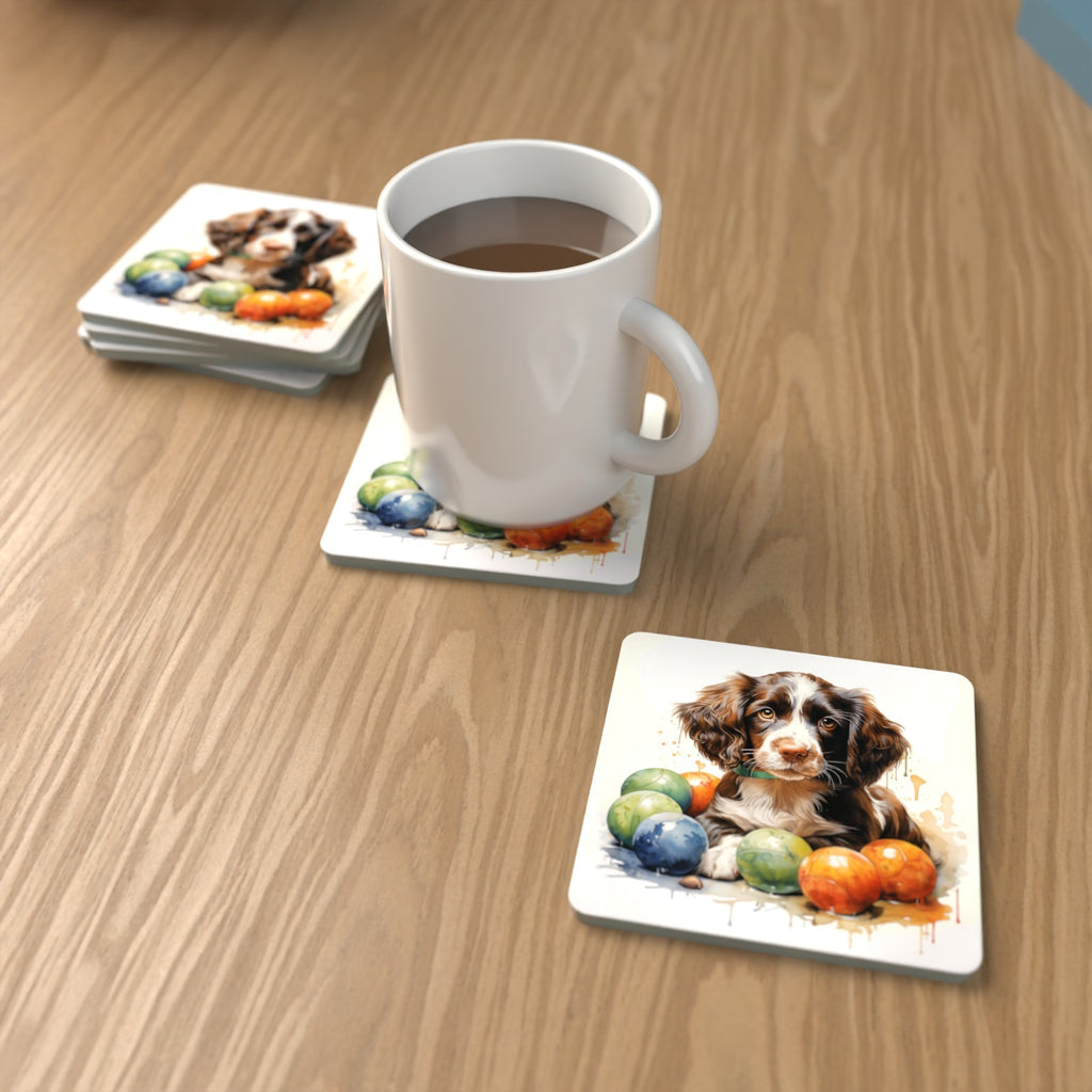 Brown Springer Spaniel Puppy Square Glass Coasters – Set of 6 – lifestyle mockup with a mug of coffee