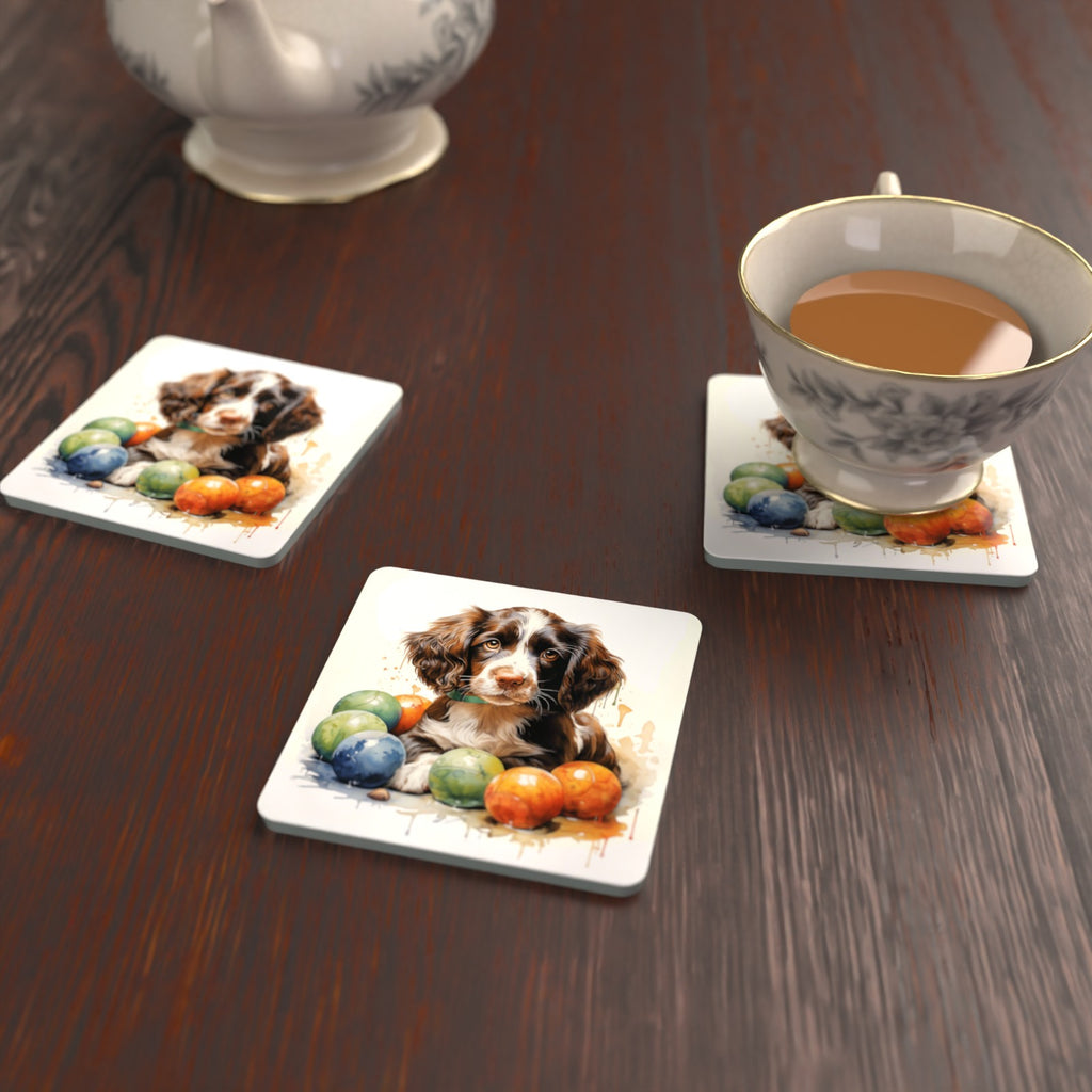 Brown Springer Spaniel Puppy Square Glass Coasters – Set of 6 – lifestyle mockup with a teacup