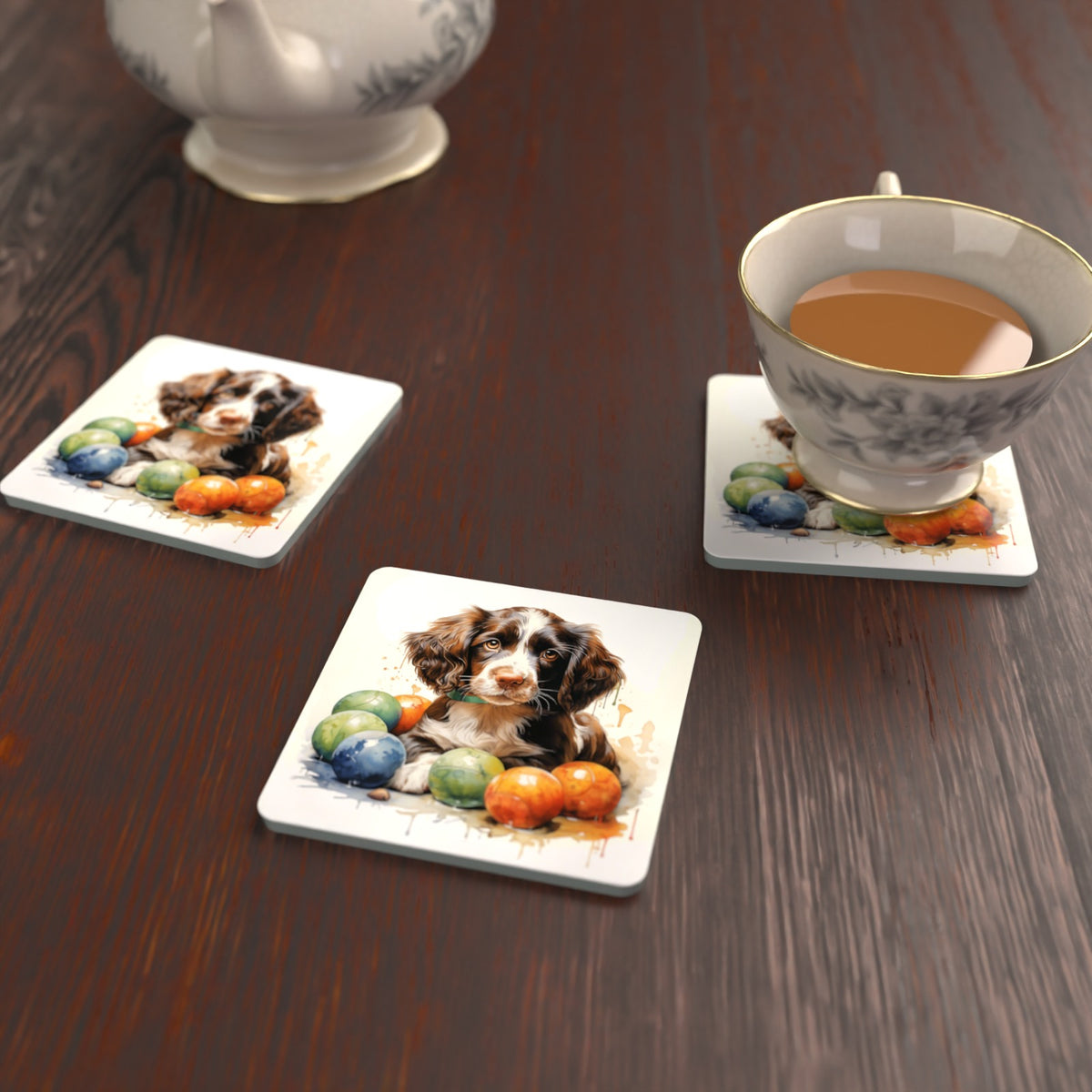 Brown Springer Spaniel Puppy Square Glass Coasters – Set of 6 – lifestyle mockup with a teacup