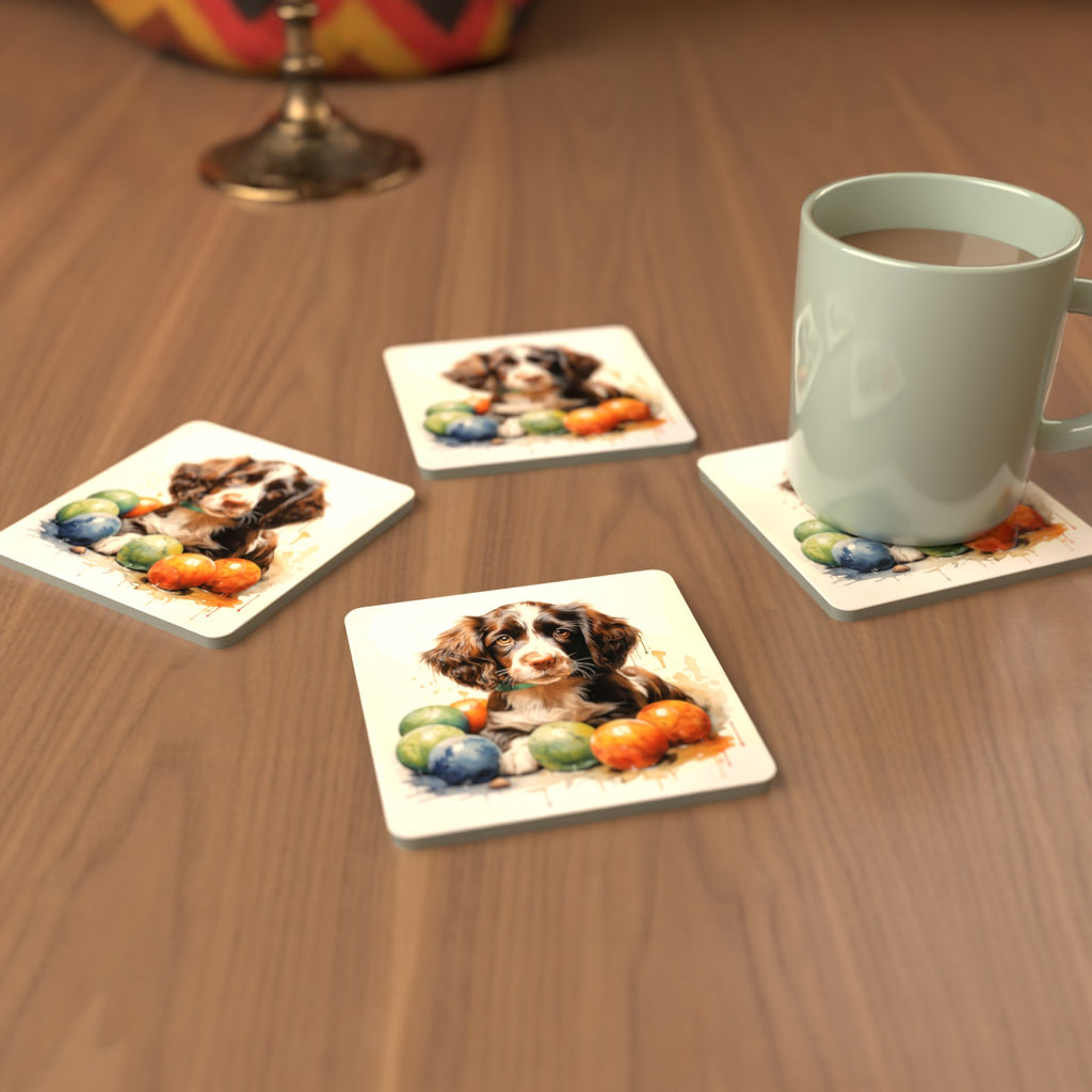 Brown Springer Spaniel Puppy Square Glass Coasters – Set of 6 – cosy lifestyle mockup