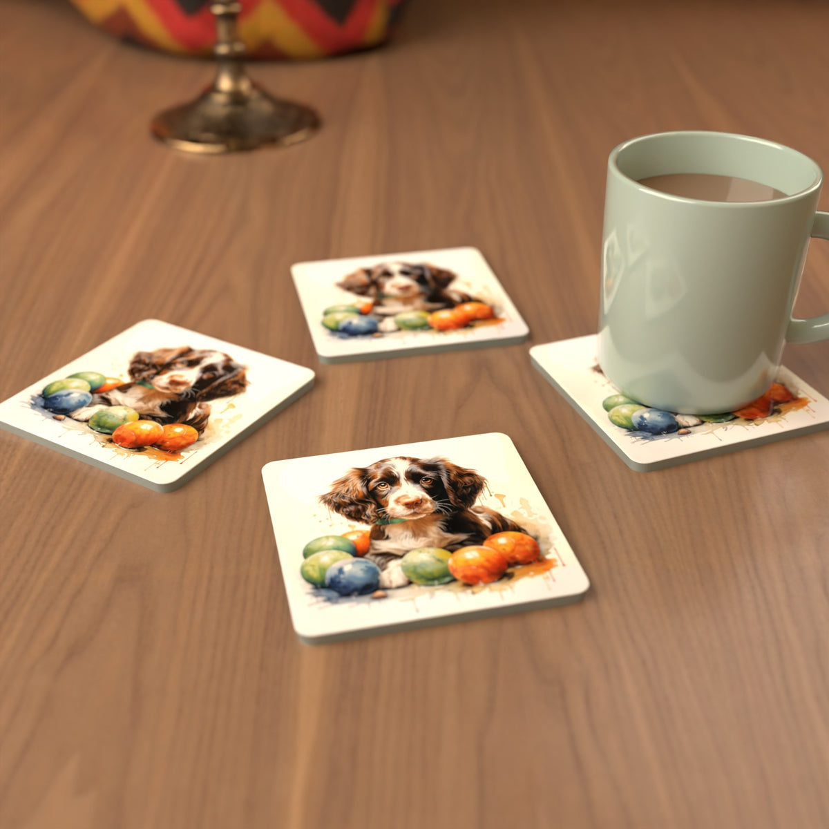 Brown Springer Spaniel Puppy Square Glass Coasters – Set of 6 – cosy lifestyle mockup
