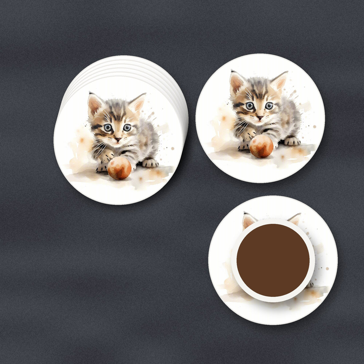 Tabby Kitten with Ball round ceramic coasters stacked on a slate kitchen worktop