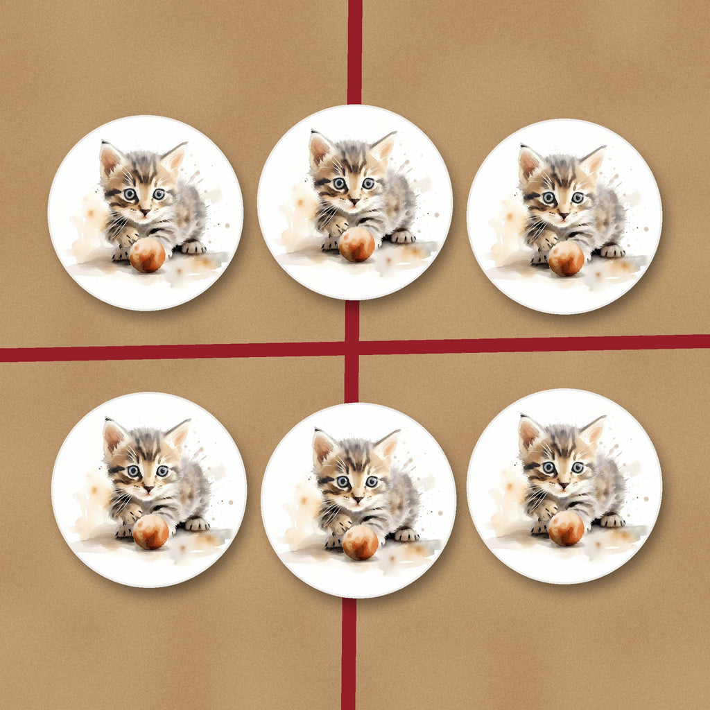 Tabby Kitten with Ball round ceramic coasters on kraft gift wrap