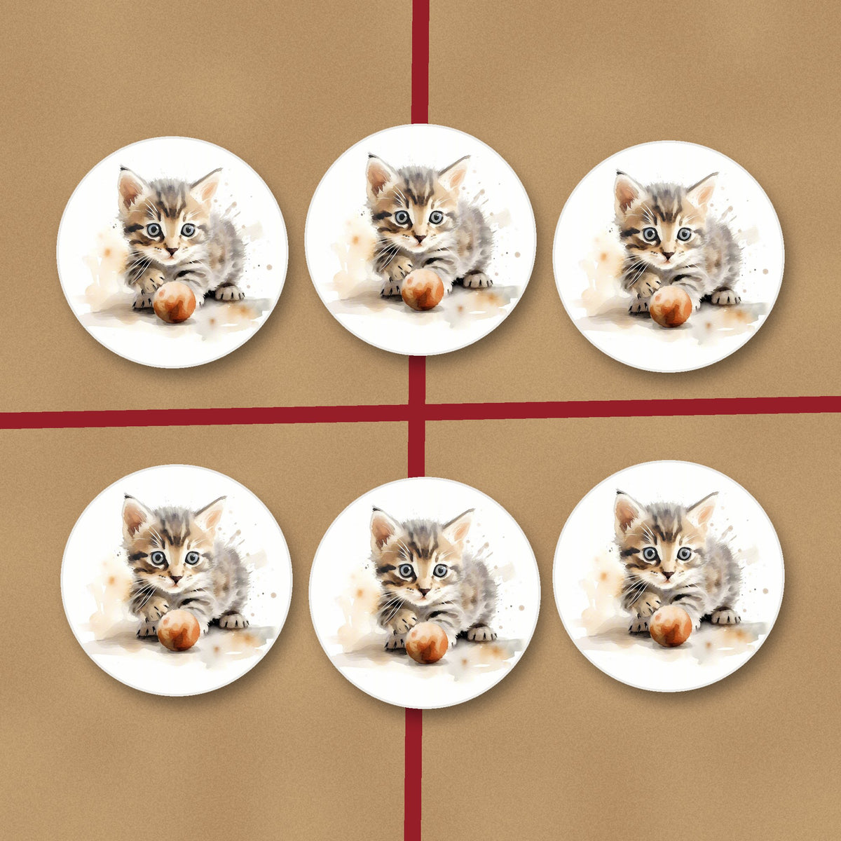 Tabby Kitten with Ball round ceramic coasters on kraft gift wrap