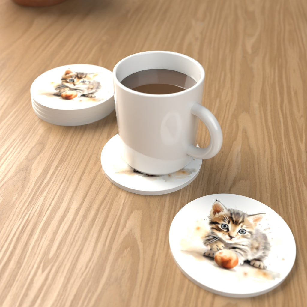 Tabby Kitten with Ball Round Ceramic Coasters – Set of 6 – lifestyle mockup with a mug of coffee