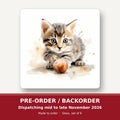 Tabby Kitten with Ball square glass coaster set of 6 – pre-order / backorder, dispatching mid to late November 2026