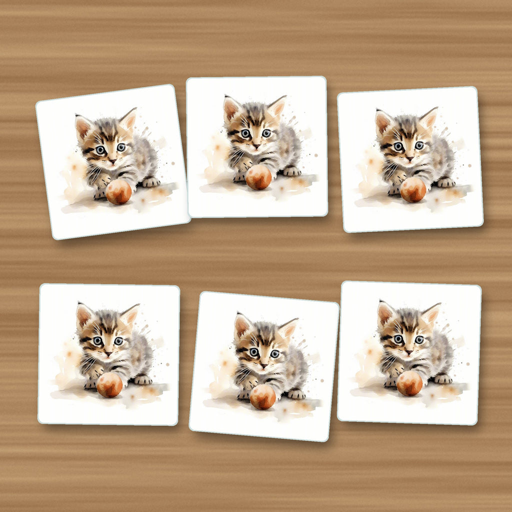 Tabby Kitten with Ball square glass coasters, set of 6, on an oak coffee table