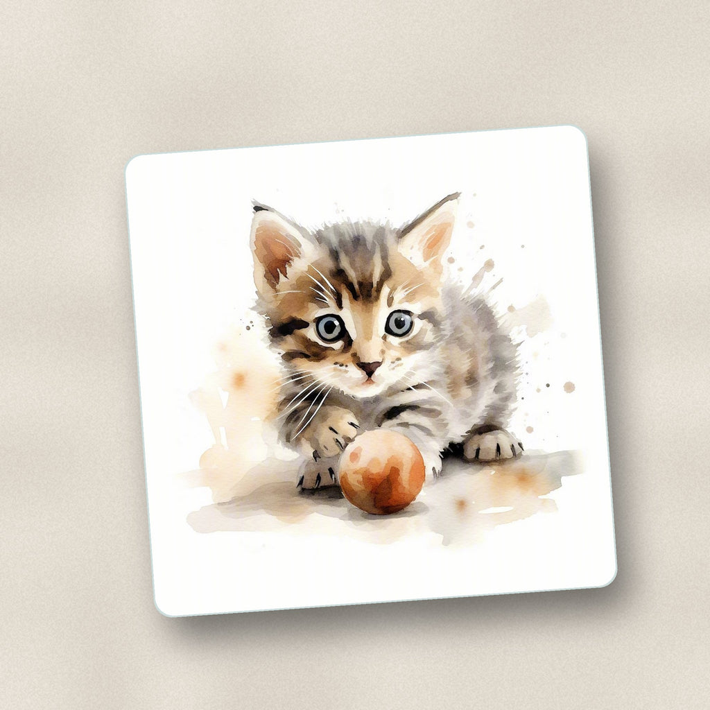 Close-up of one tabby kitten with ball square glass coaster, flat UV print
