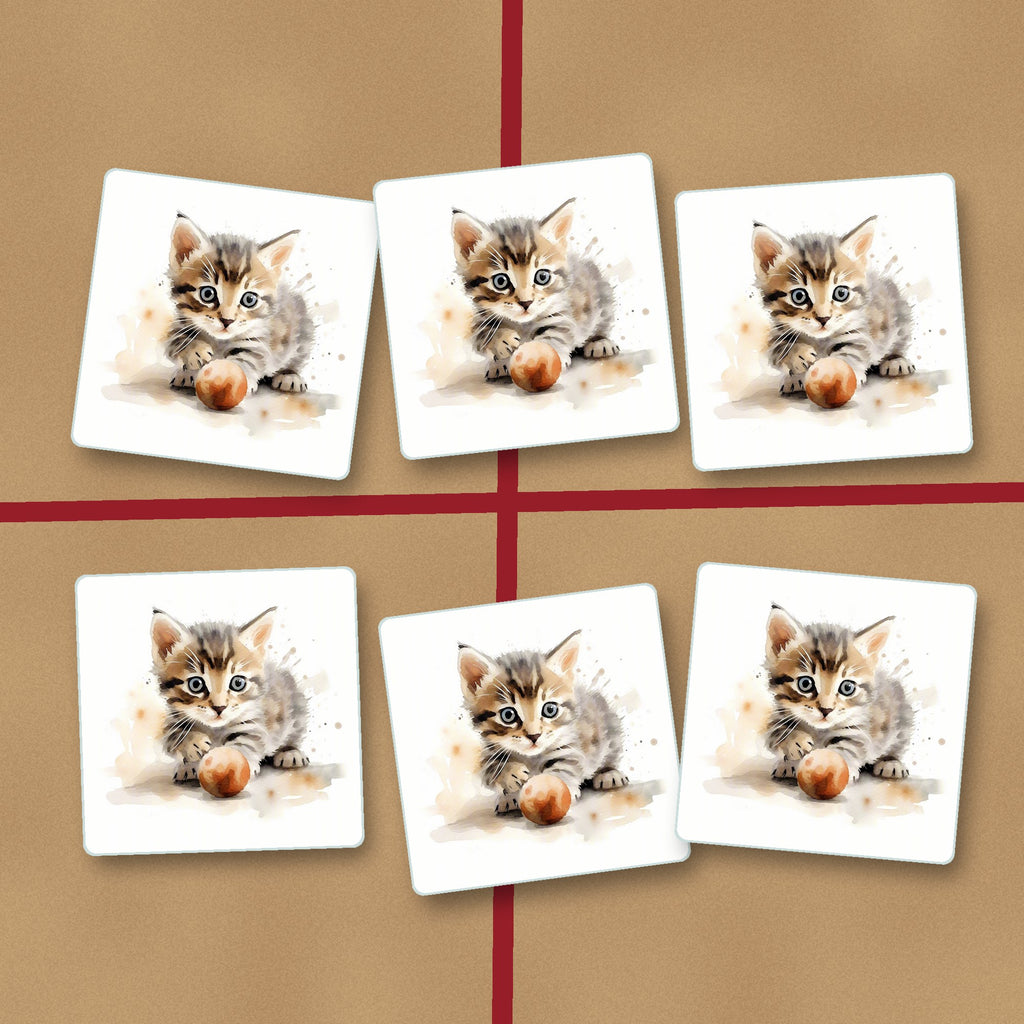 Tabby Kitten with Ball square glass coasters on kraft gift wrap