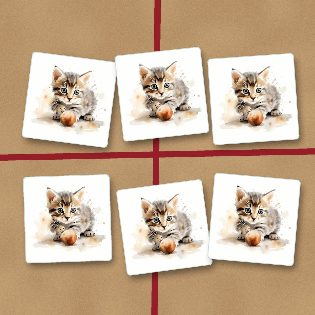 Tabby Kitten with Ball square glass coasters on kraft gift wrap