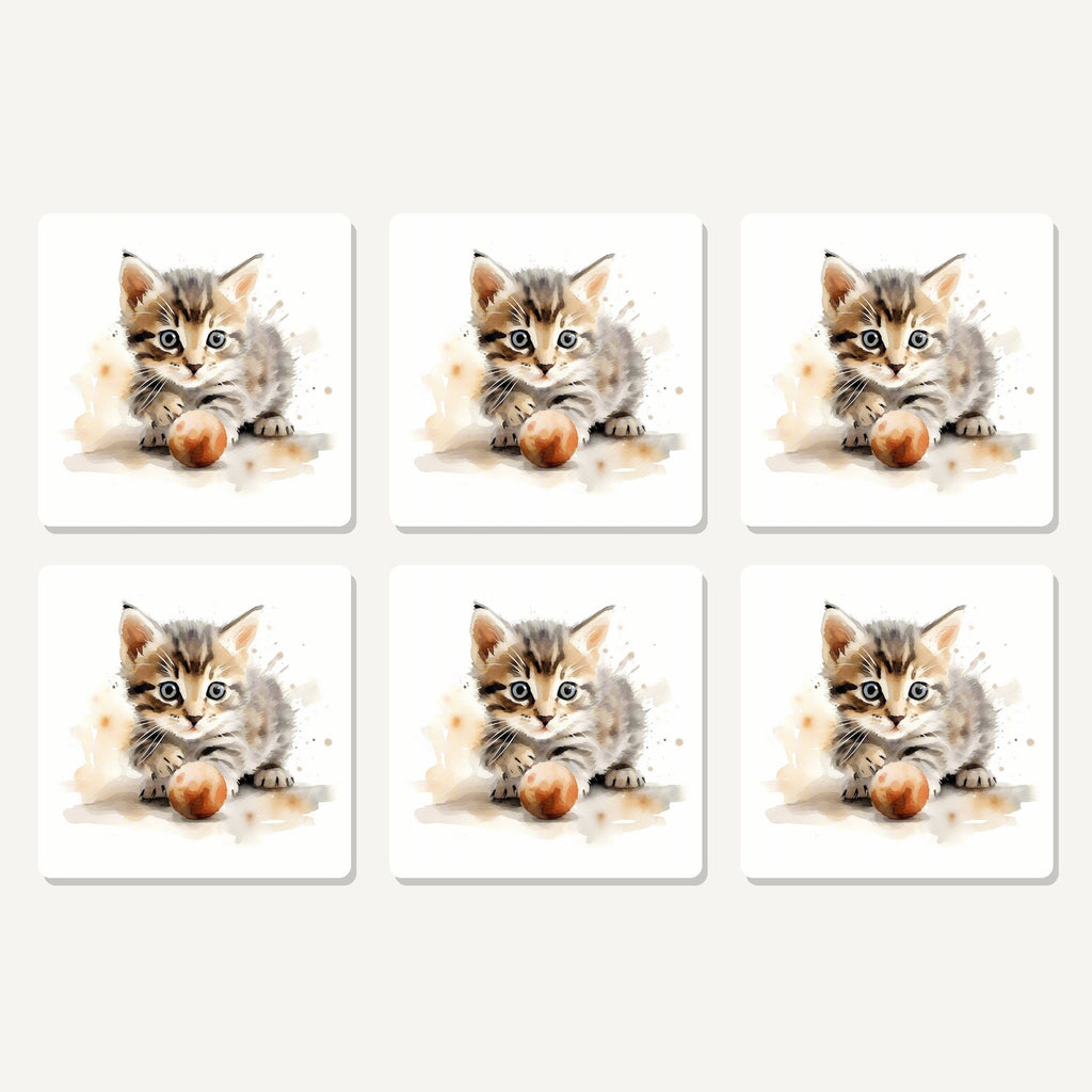 Flat lay of the tabby kitten with ball artwork on six square coasters
