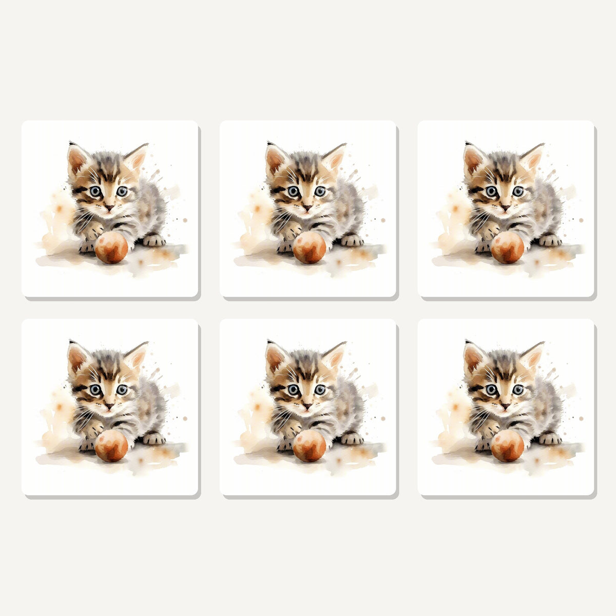 Flat lay of the tabby kitten with ball artwork on six square coasters