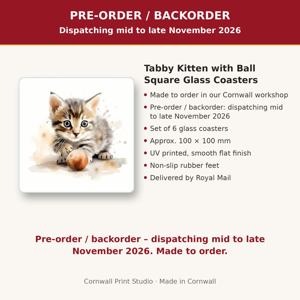 Info card: Tabby Kitten with Ball Square Glass Coasters – Set of 6, made to order, dispatching mid to late November 2026, delivered by Royal Mail