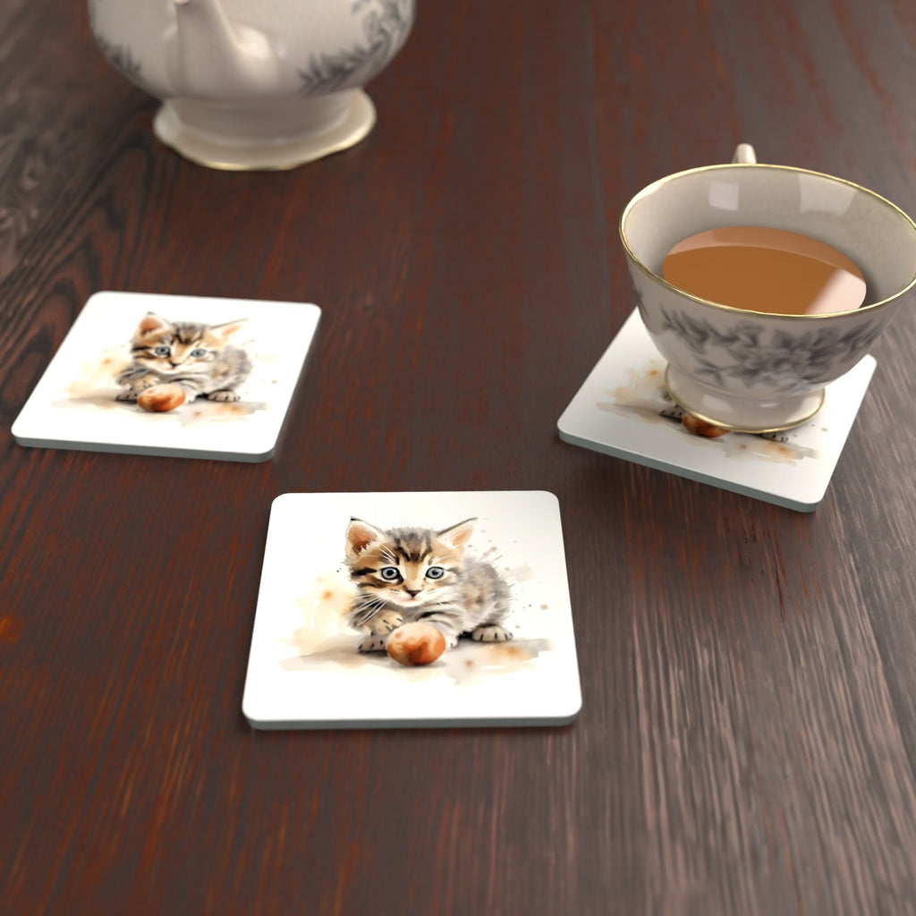 Tabby Kitten with Ball Square Glass Coasters – Set of 6 – lifestyle mockup with a teacup