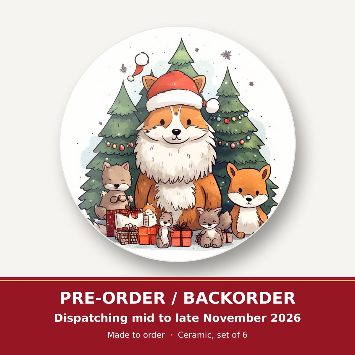 Christmas Fox & Woodland Friends round ceramic coaster set of 6 – pre-order / backorder, dispatching mid to late November 2026