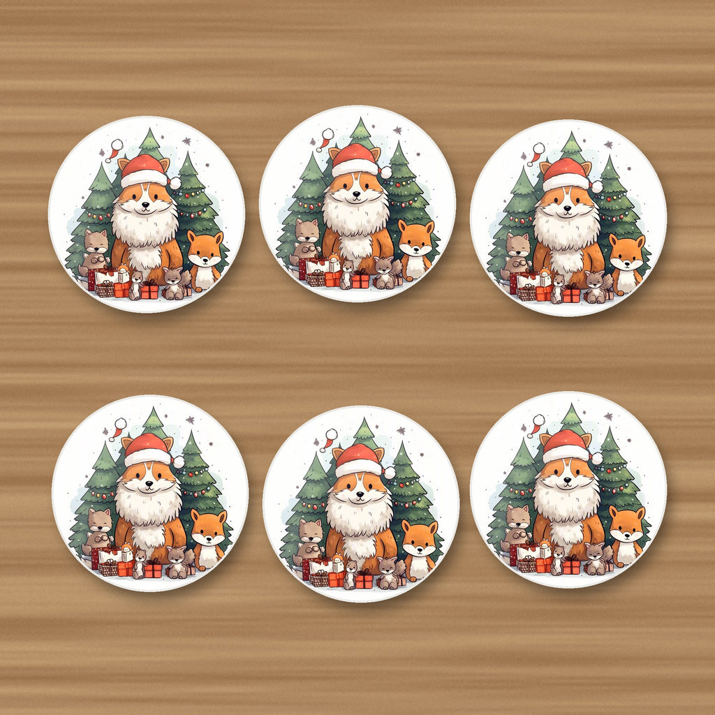 Christmas Fox & Woodland Friends round ceramic coasters, set of 6, on an oak coffee table