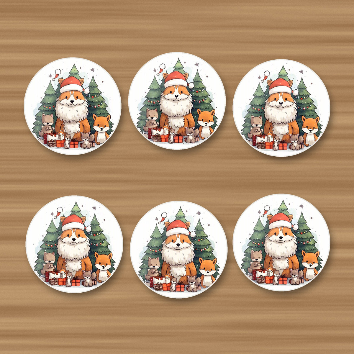 Christmas Fox & Woodland Friends round ceramic coasters, set of 6, on an oak coffee table