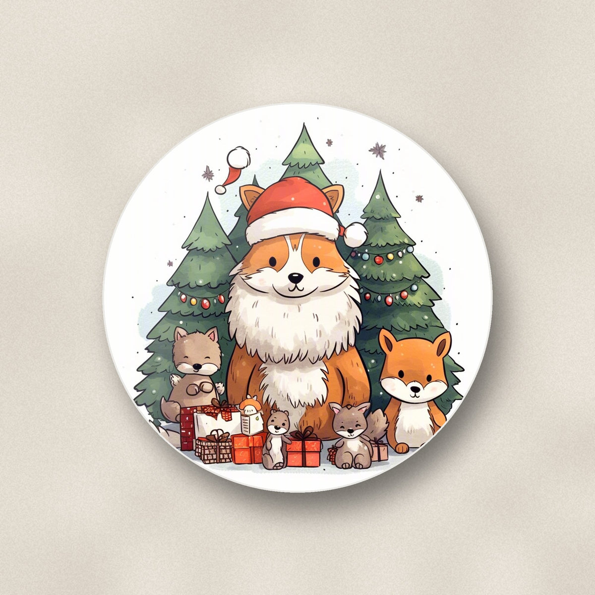 Close-up of one christmas fox & woodland friends round ceramic coaster, flat UV print