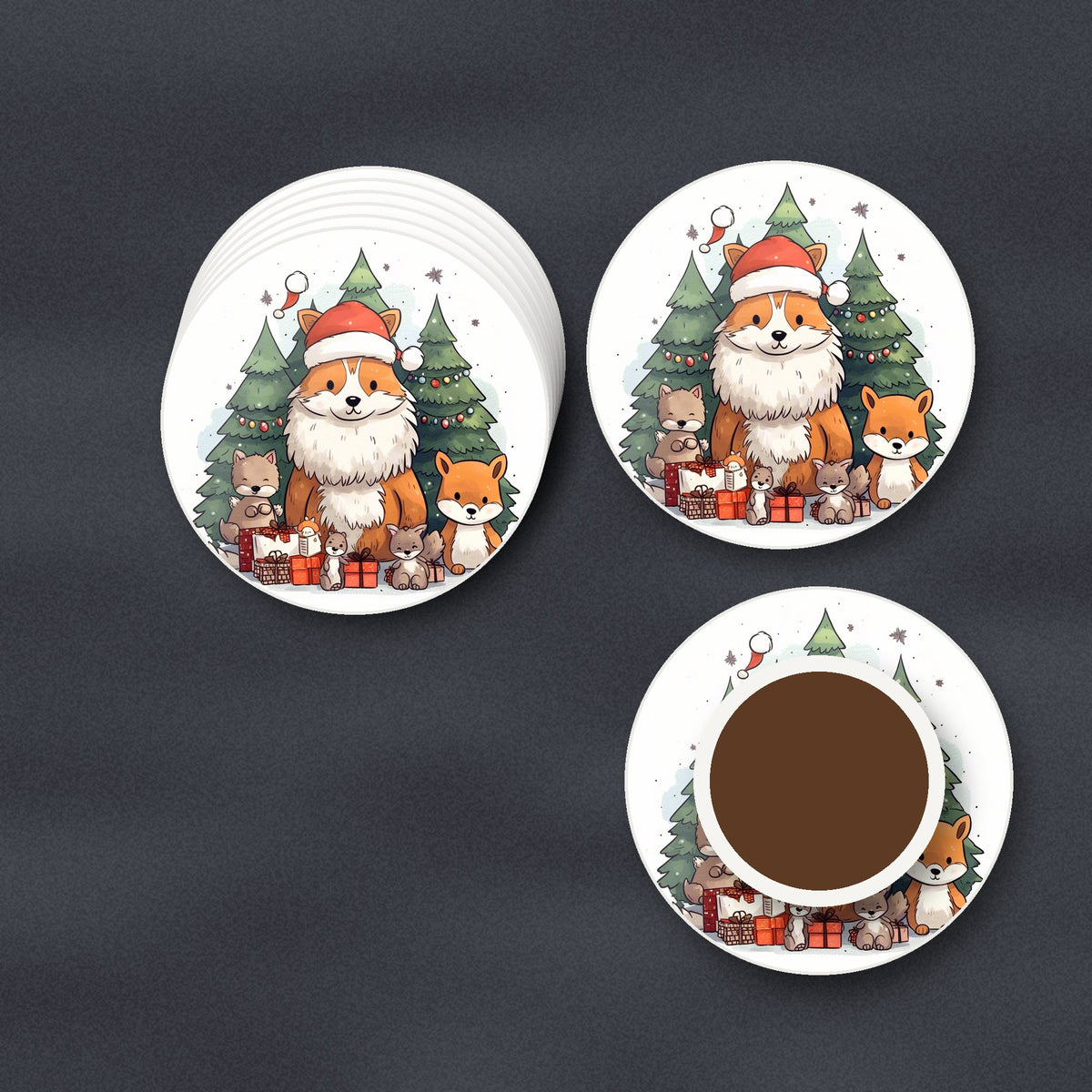 Christmas Fox & Woodland Friends round ceramic coasters stacked on a slate kitchen worktop