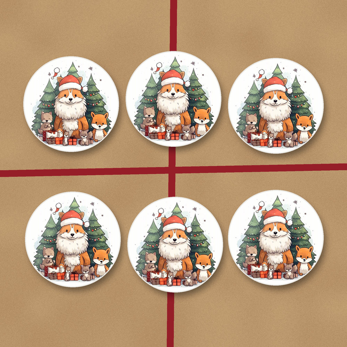 Christmas Fox & Woodland Friends round ceramic coasters on kraft gift wrap