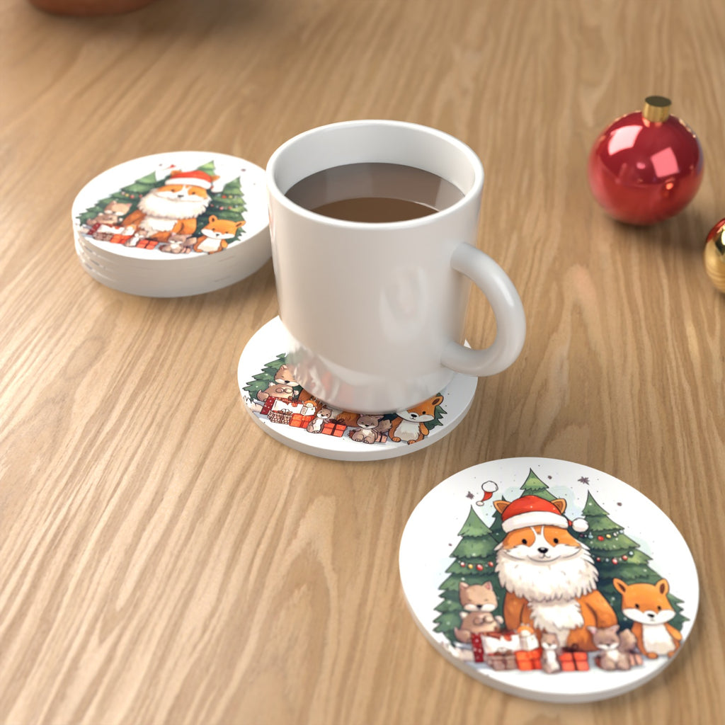 Christmas Fox & Woodland Friends Round Ceramic Coasters – Set of 6 – lifestyle mockup with a mug of coffee