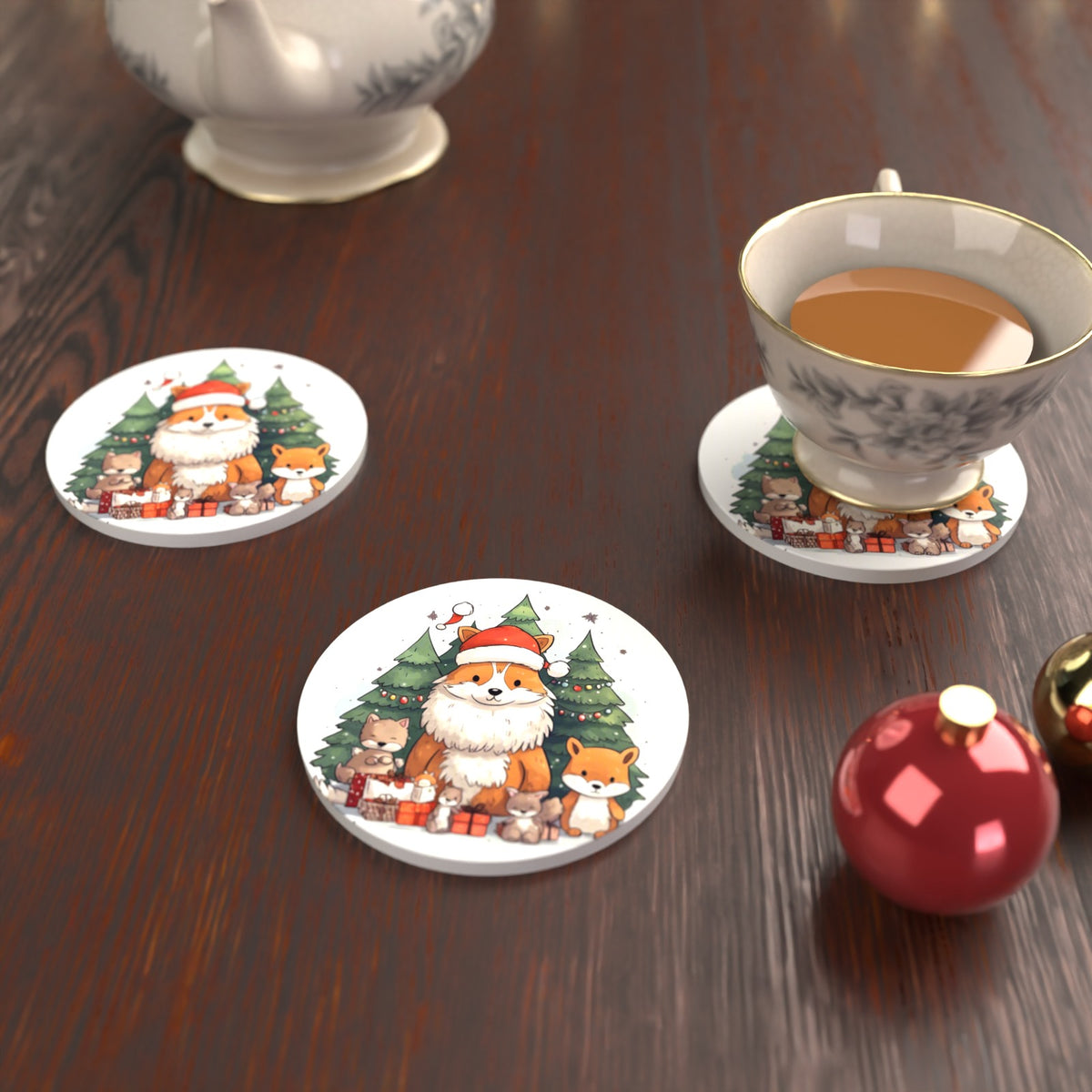 Christmas Fox & Woodland Friends Round Ceramic Coasters – Set of 6 – lifestyle mockup with a teacup