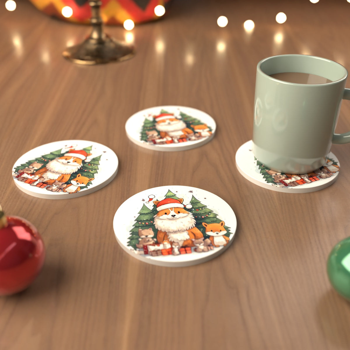 Christmas Fox & Woodland Friends Round Ceramic Coasters – Set of 6 – cosy lifestyle mockup