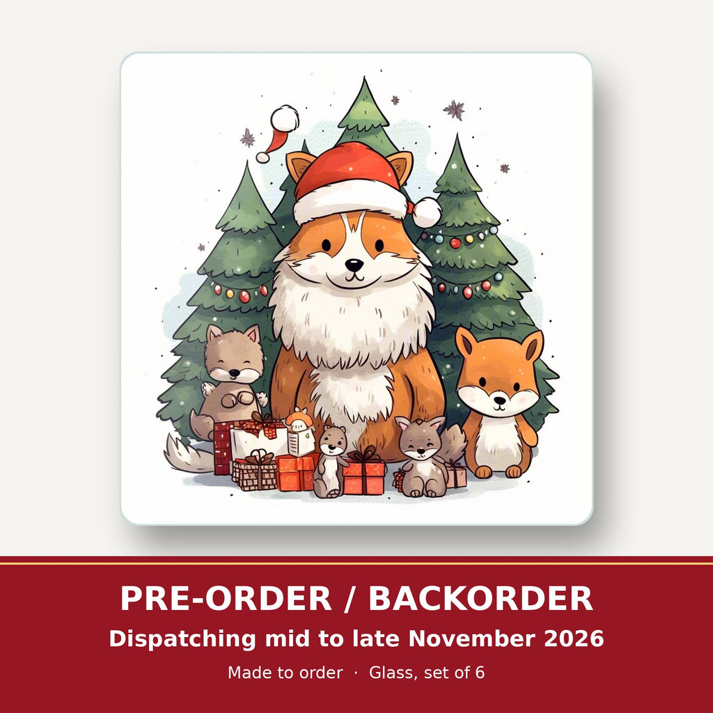 Christmas Fox & Woodland Friends square glass coaster set of 6 – pre-order / backorder, dispatching mid to late November 2026