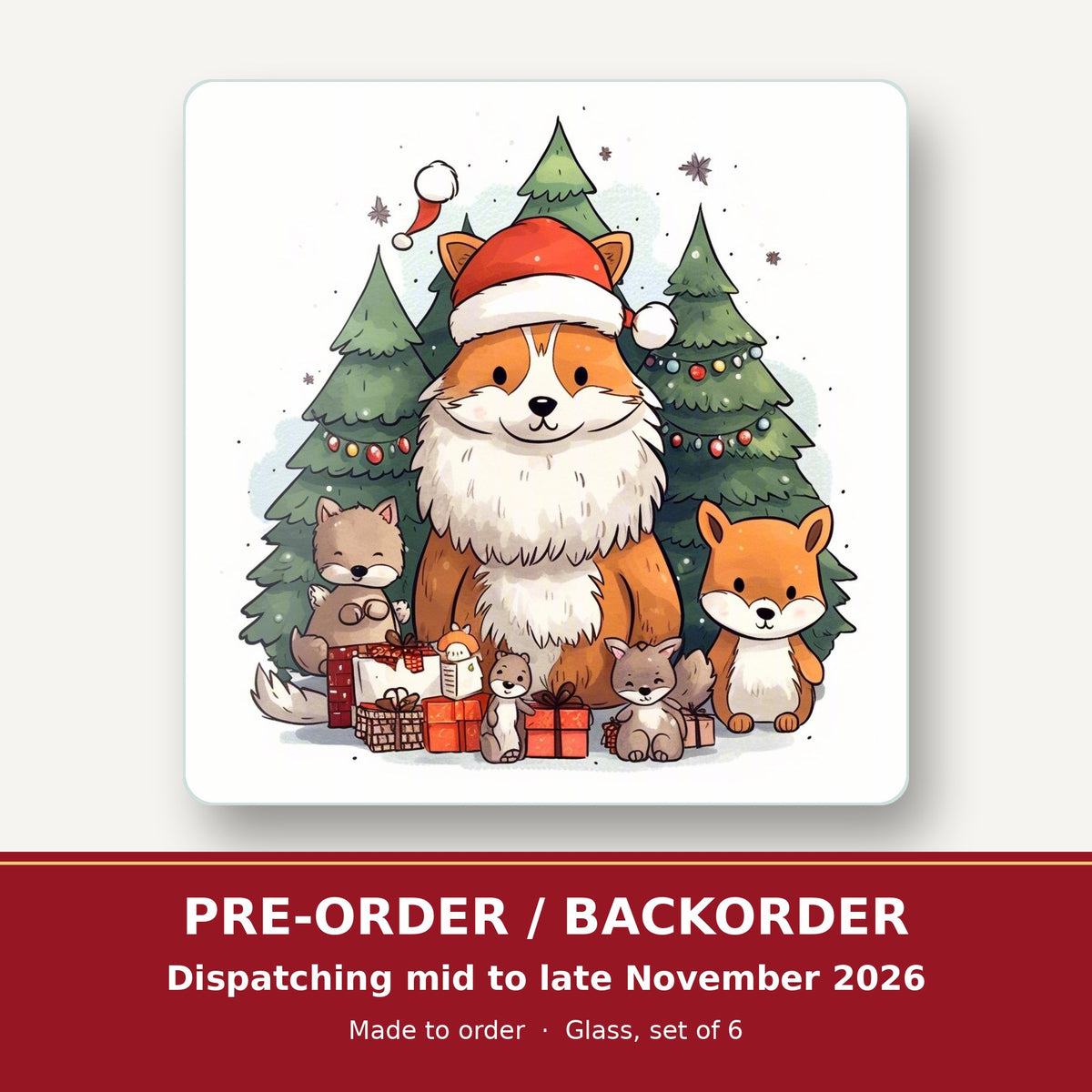 Christmas Fox & Woodland Friends square glass coaster set of 6 – pre-order / backorder, dispatching mid to late November 2026