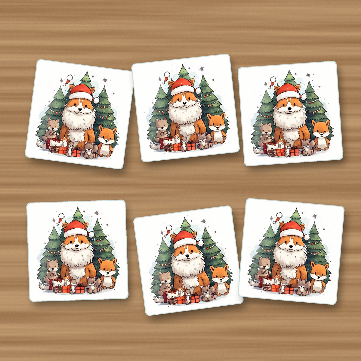Christmas Fox & Woodland Friends square glass coasters, set of 6, on an oak coffee table