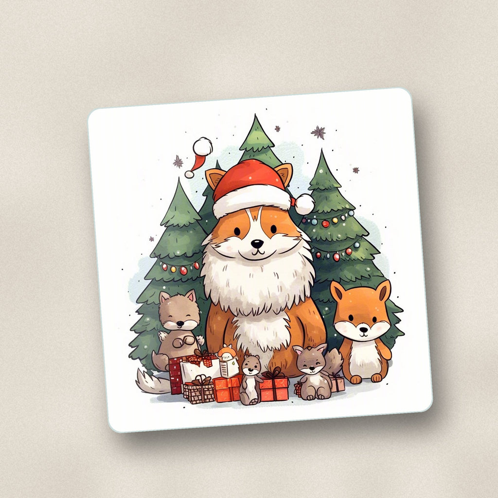 Close-up of one christmas fox & woodland friends square glass coaster, flat UV print