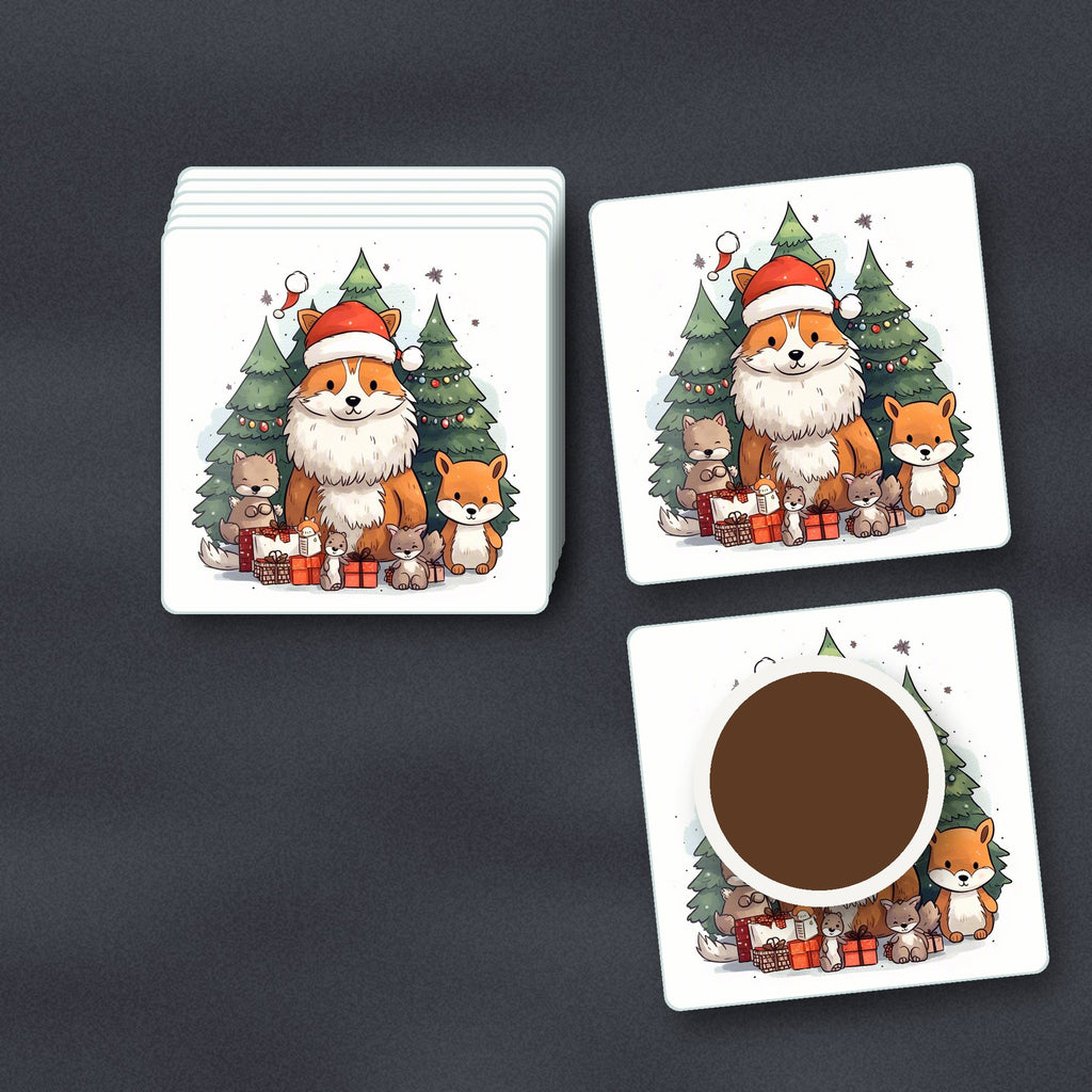 Christmas Fox & Woodland Friends square glass coasters stacked on a slate kitchen worktop