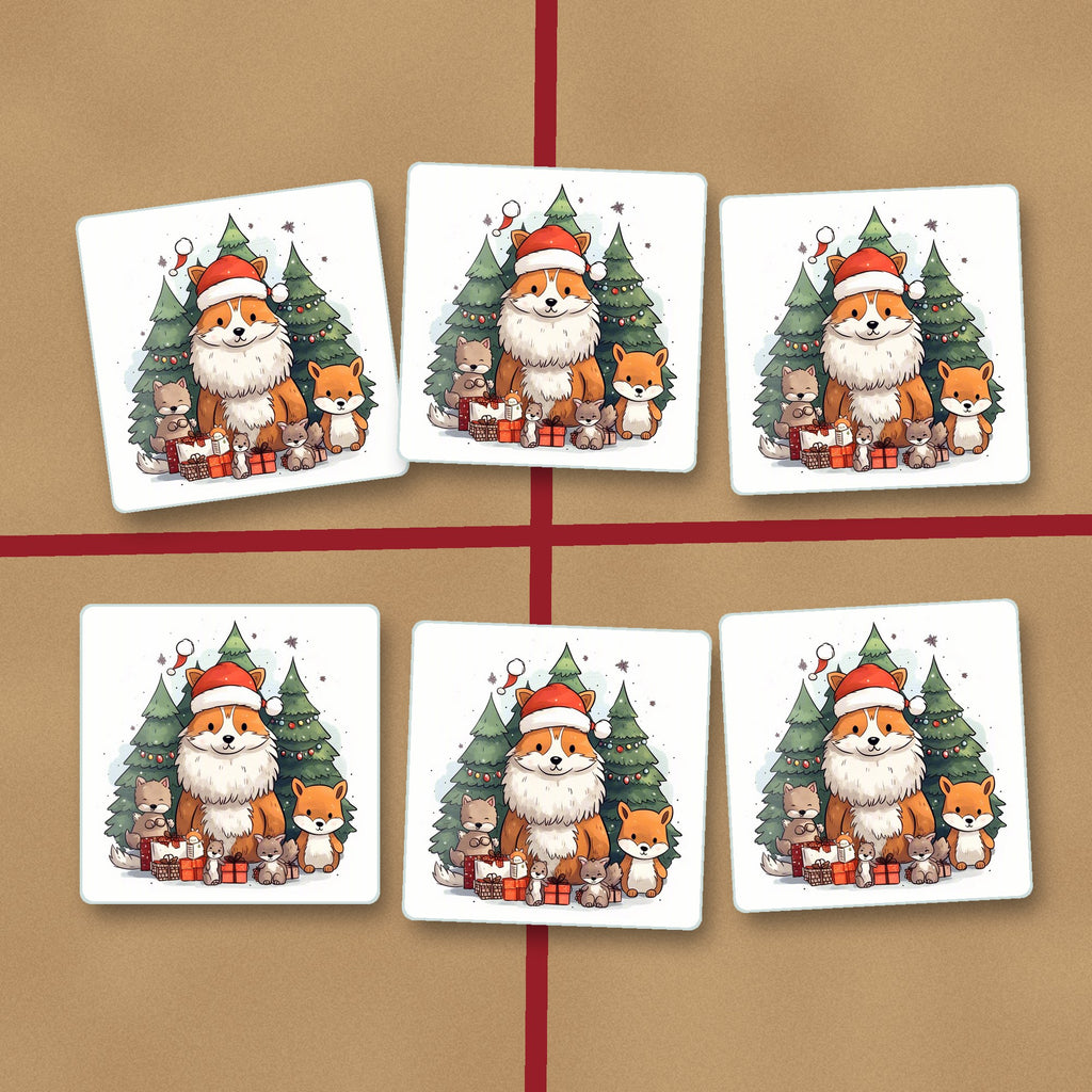Christmas Fox & Woodland Friends square glass coasters on kraft gift wrap