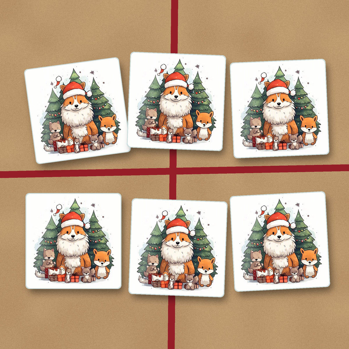 Christmas Fox & Woodland Friends square glass coasters on kraft gift wrap