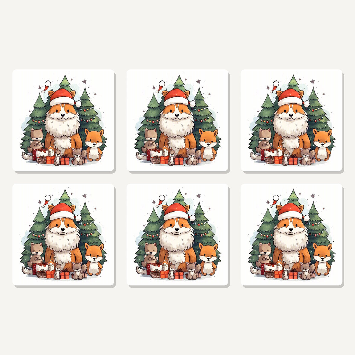 Flat lay of the christmas fox & woodland friends artwork on six square coasters