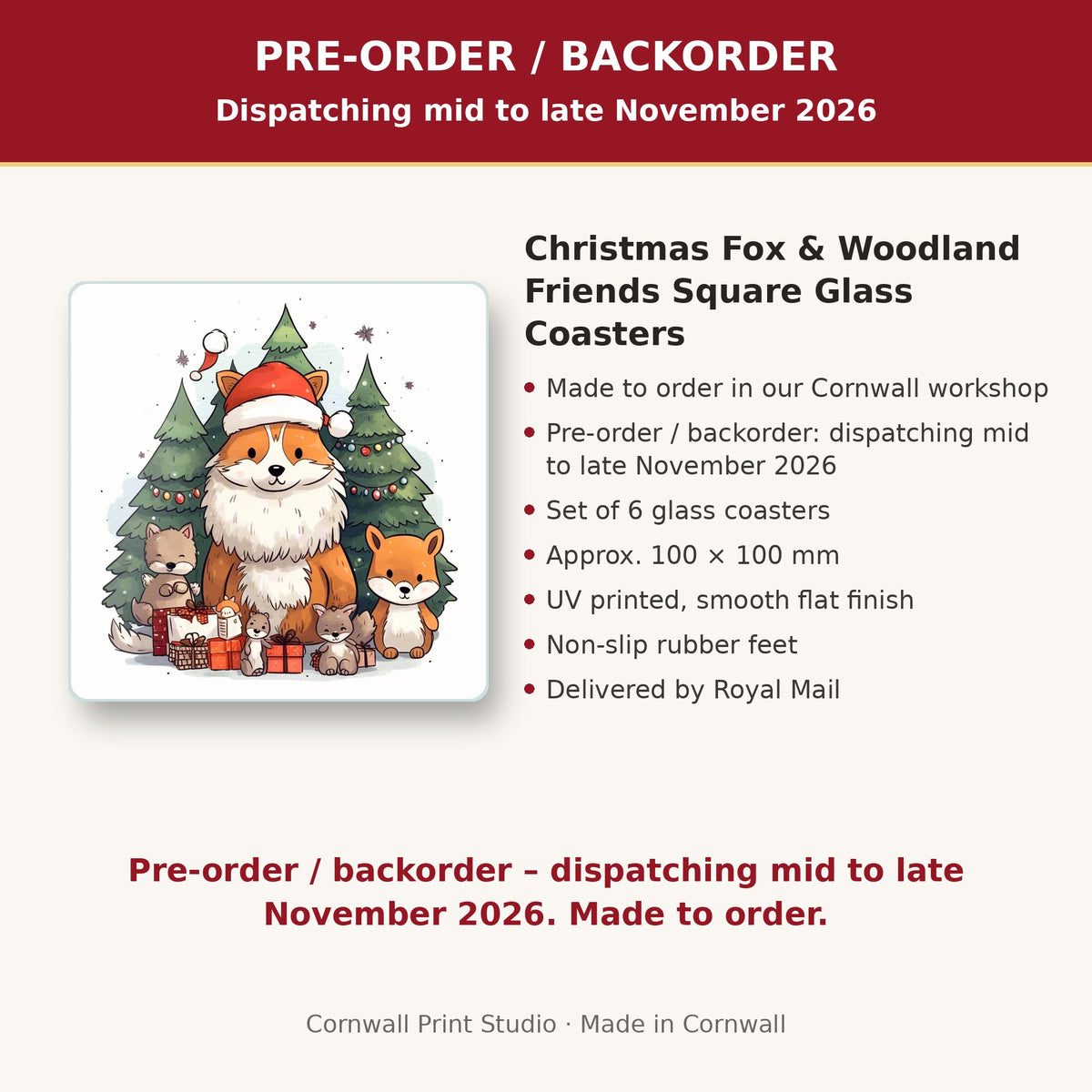 Info card: Christmas Fox & Woodland Friends Square Glass Coasters – Set of 6, made to order, dispatching mid to late November 2026, delivered by Royal Mail
