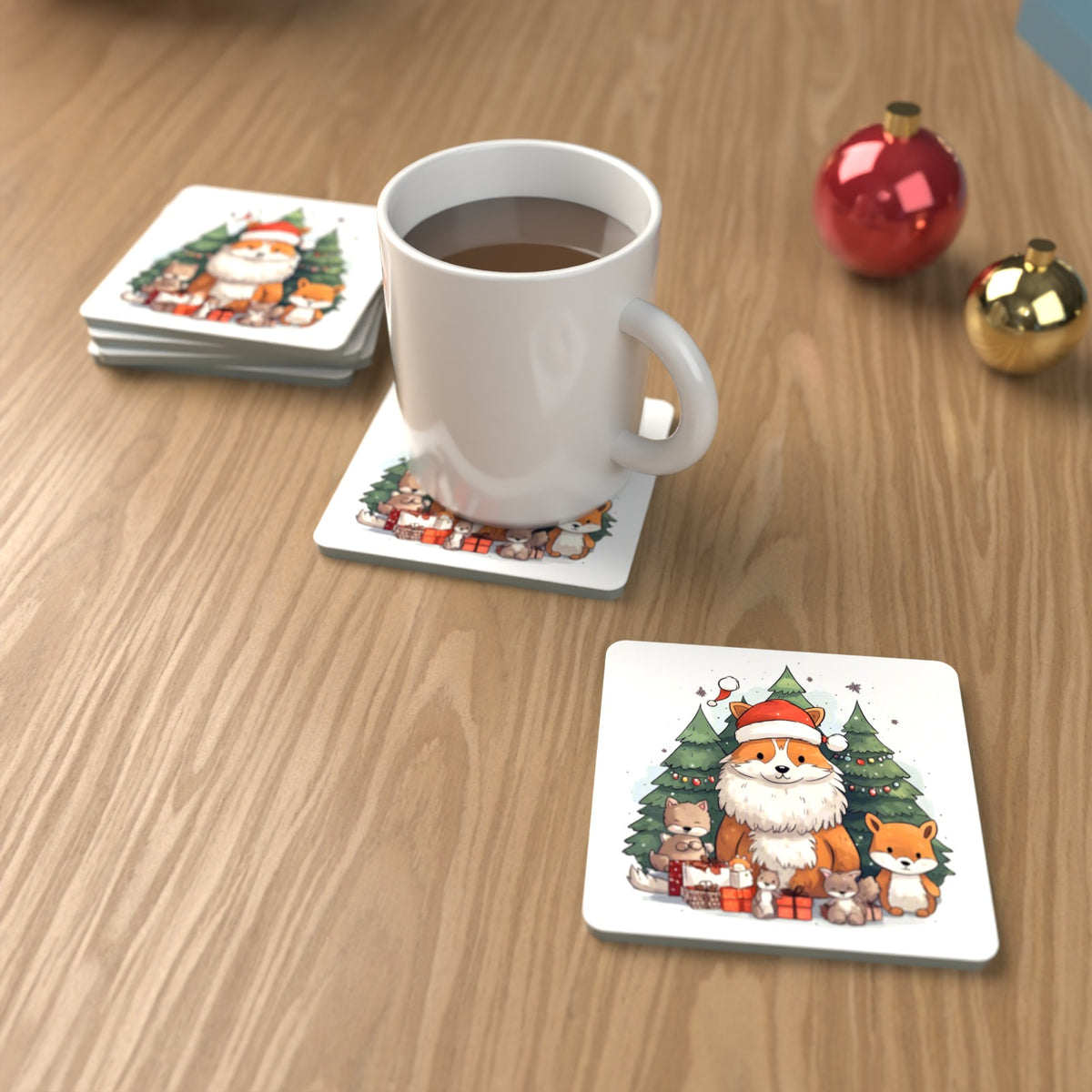 Christmas Fox & Woodland Friends Square Glass Coasters – Set of 6 – lifestyle mockup with a mug of coffee
