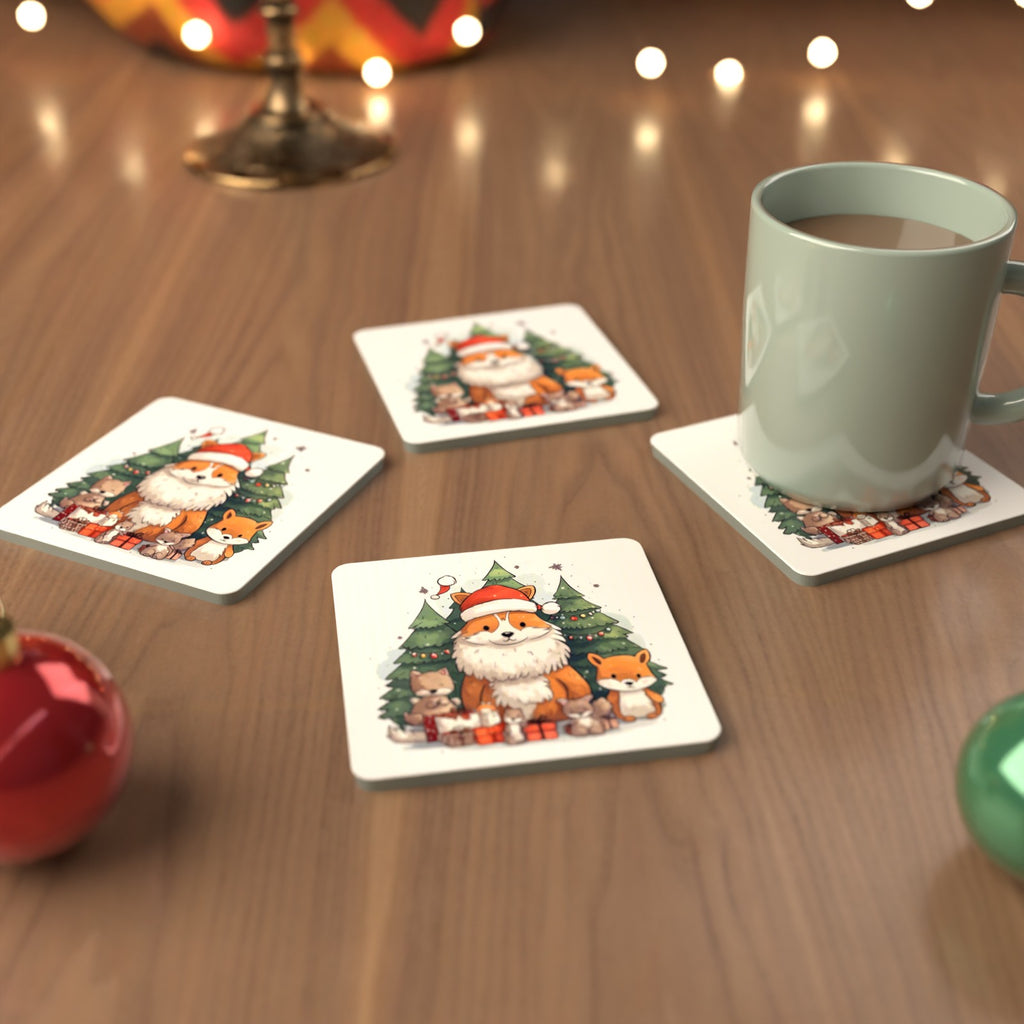 Christmas Fox & Woodland Friends Square Glass Coasters – Set of 6 – cosy lifestyle mockup