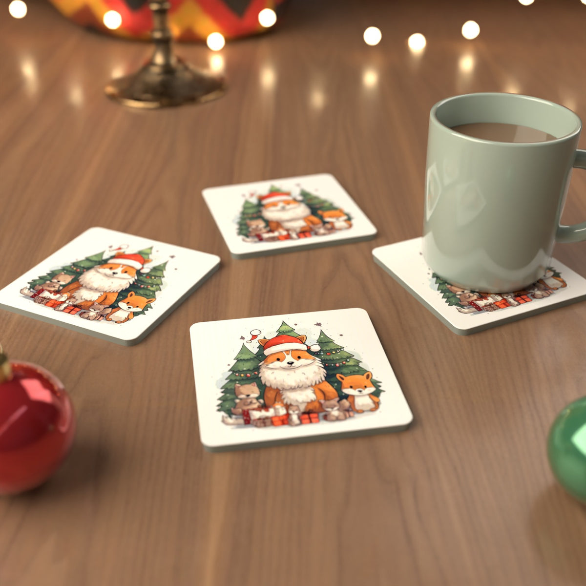 Christmas Fox & Woodland Friends Square Glass Coasters – Set of 6 – cosy lifestyle mockup
