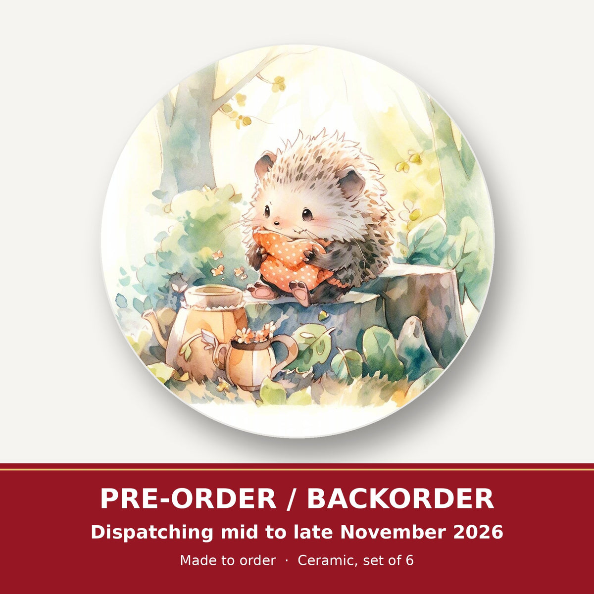 Watercolour Woodland Hedgehog round ceramic coaster set of 6 – pre-order / backorder, dispatching mid to late November 2026