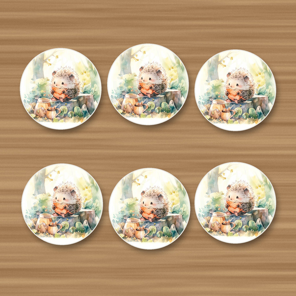 Watercolour Woodland Hedgehog round ceramic coasters, set of 6, on an oak coffee table
