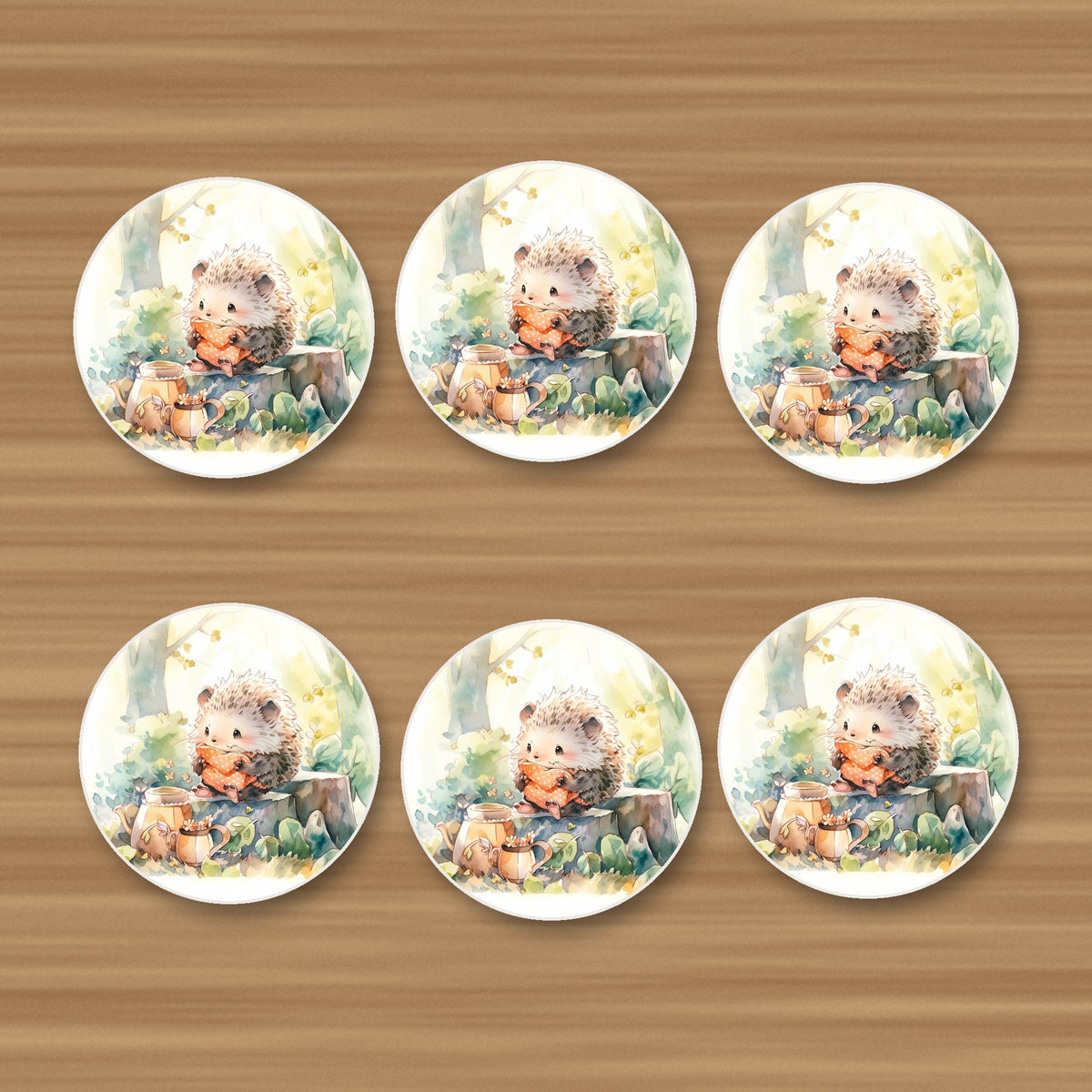 Watercolour Woodland Hedgehog round ceramic coasters, set of 6, on an oak coffee table