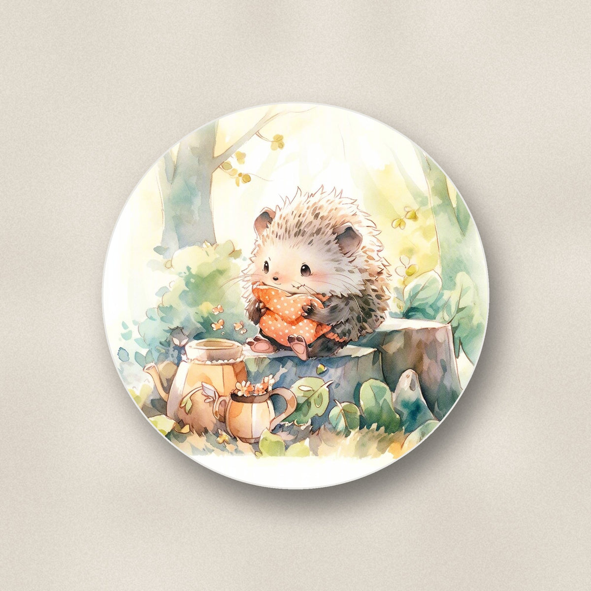 Close-up of one watercolour woodland hedgehog round ceramic coaster, flat UV print