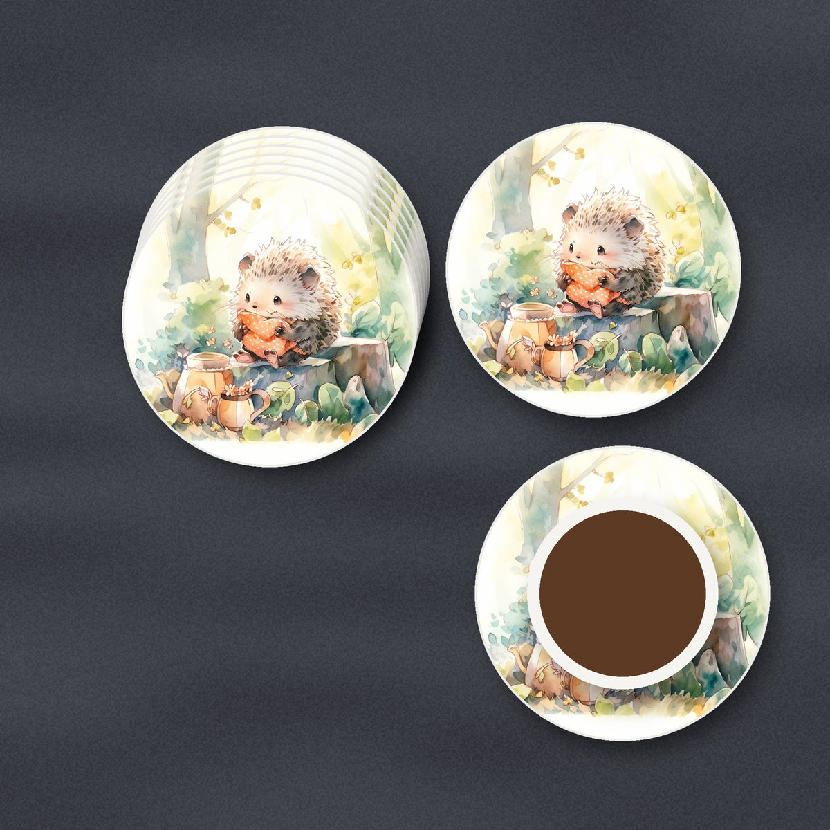 Watercolour Woodland Hedgehog round ceramic coasters stacked on a slate kitchen worktop