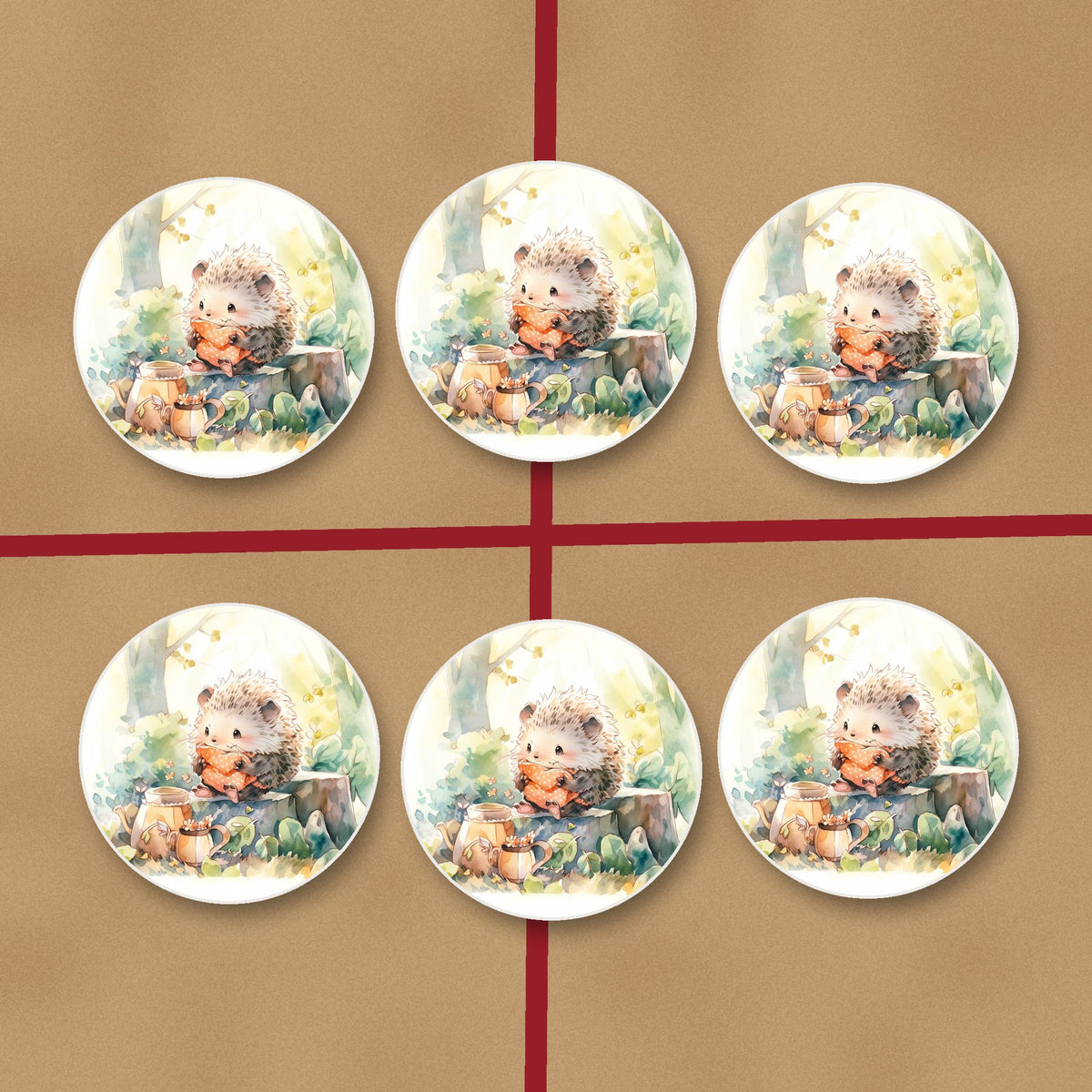 Watercolour Woodland Hedgehog round ceramic coasters on kraft gift wrap